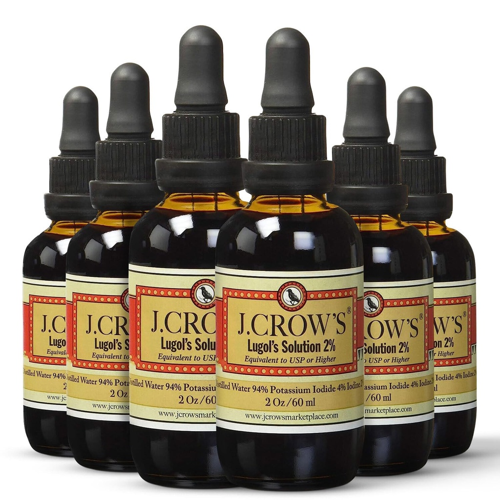 J.CROW'S® Lugol's Solution of Iodine 2% 2 oz (6 μπουκάλια) – Premium ιωδιούχο, γλουτένη και, εκχύλισμα αιθάλης χωρίς αλκοόλη, Χωρίς Λήξη