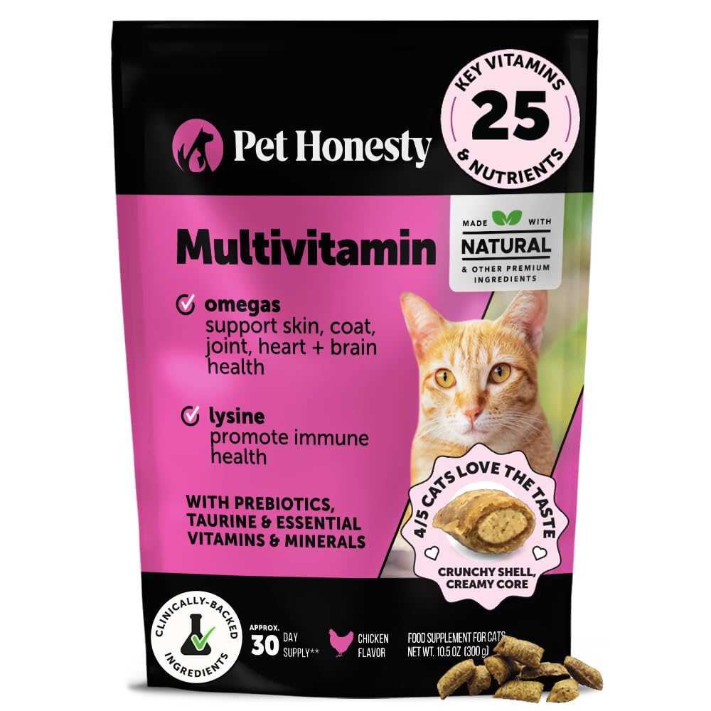 Cat Multivitamin Crunchy & Creamy Chews - Cat Treats for Health + Immune, Joint Support, Skin & Coat, & Digestion - Vitamins with Omega 3s, Lysine & Probiotics (30 Day Supply)