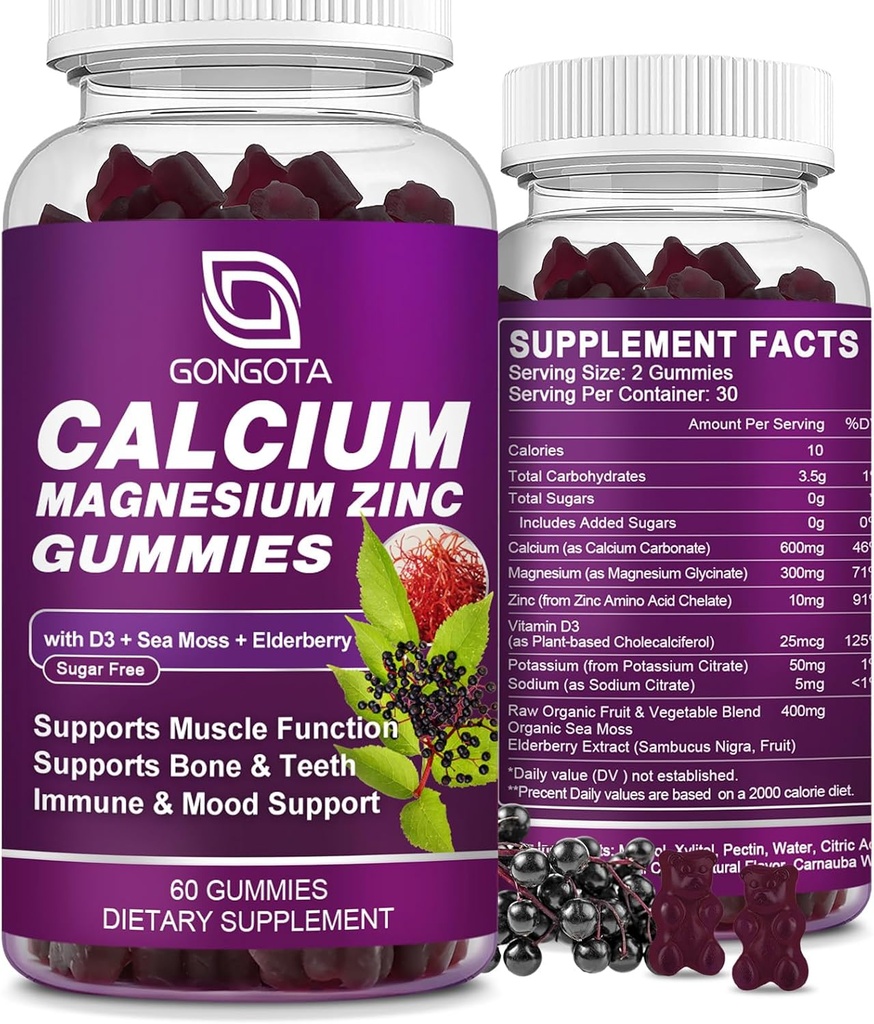 Calcium Magnesium Zinc with Vitamin D3 Supplement, Highly Absorbent Calcium Gummies with 300mg Magnesium glycinate Support Bone & Teeth, Muscle for Adults and Teens,Sugar Free, Vegan - 60 Count