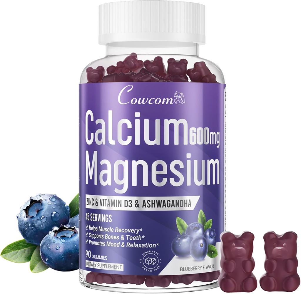 Ασβέστιο Μαγνήσιο Ψευδάργυρος Gummies & Βιταμίνη D3,B6,B12,Ανοσοποιητικό και Υποστηρίζοντας την υγεία των οστών Συμπλήρωμα Μαγνήσιο Μαγνήσιο για γυναίκες άνδρες, χωρίς ζάχαρη Vegan Blueberry Γεύση 90 Counts