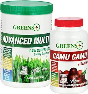 Greens+ Advanced Multi Raw Superfood Powder Healthy Organic Blend, Non-GMO, Soy/Dairy/Gluten Free Camu Camu Vitamin C Supplement Pure Berry SuperFruit 400mg Vitamin C, 120 Veggie Capsules