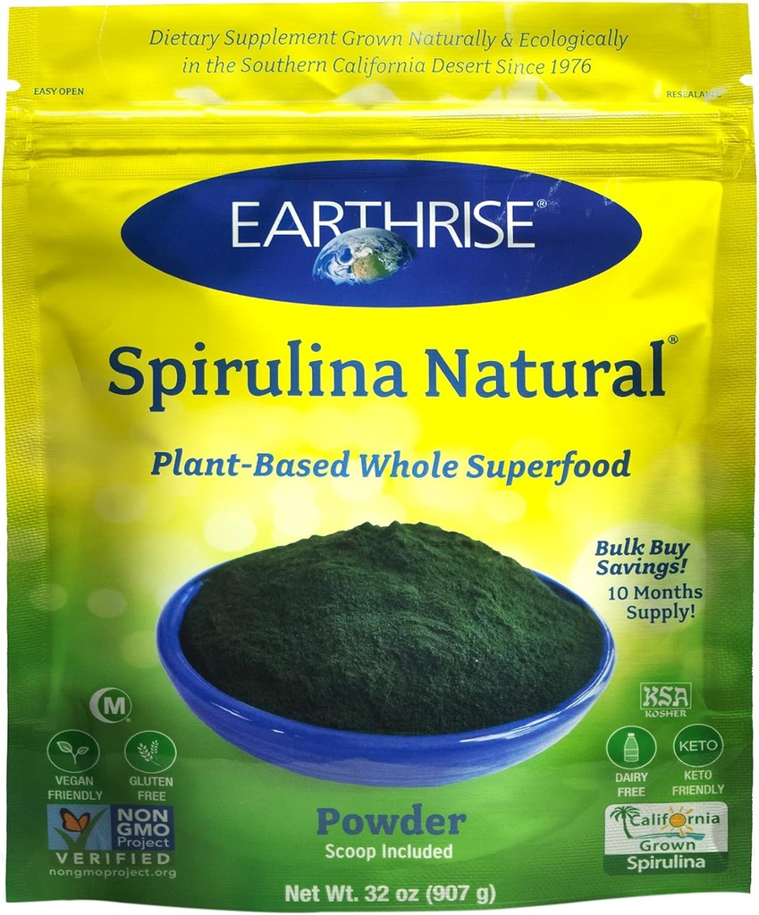 Earthrise Spirulina Natural Powder 32oz, Natural Premium Spirulina από την Καλιφόρνια-Vegan, Gluten Free, Keto Friendly, Non-GMO Super Food high in Vitamins & Minerals. (2 LB)