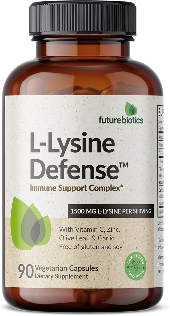 Futurebiotics L-Lysine Defense Immune Support Complex 1500 MG Per Serving with Vitamin C, Zinc, Olive Leaf & Σκόρδο - Μη-GMO, 90 κάψουλες χορτοφάγων