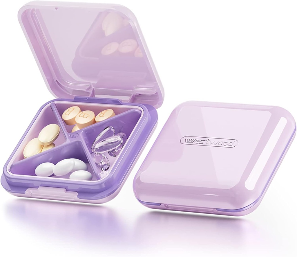 DUBSTAR Pill Case,Small Pill Box - Waterproof Portable Daily Small Pill Case for Purses Pocket Compact Travel Medicine Holder for Vitamins,Fish Oils,Supplements (4-Compartments, Purple)