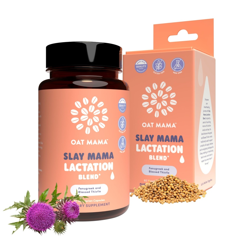 OAT MAMA Organic Lactation Supplement - 'Slay Mama' Blessed Thistle & Fenugreek Capsules - Herbal Lactation Blend, Postpartum Support for Breastfeeding Moms