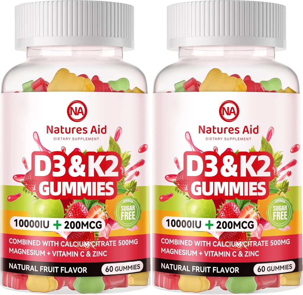 Natures Aid Sugar-Free Vitamin D3 K2 Gummies with Calcium + K2 (MK-7), Magnesium Citrate, Vitamin C, Extra Strength - Ultimate Absorption for Bone Muscle Teeth Immune, Vegan - 120 Gummies
