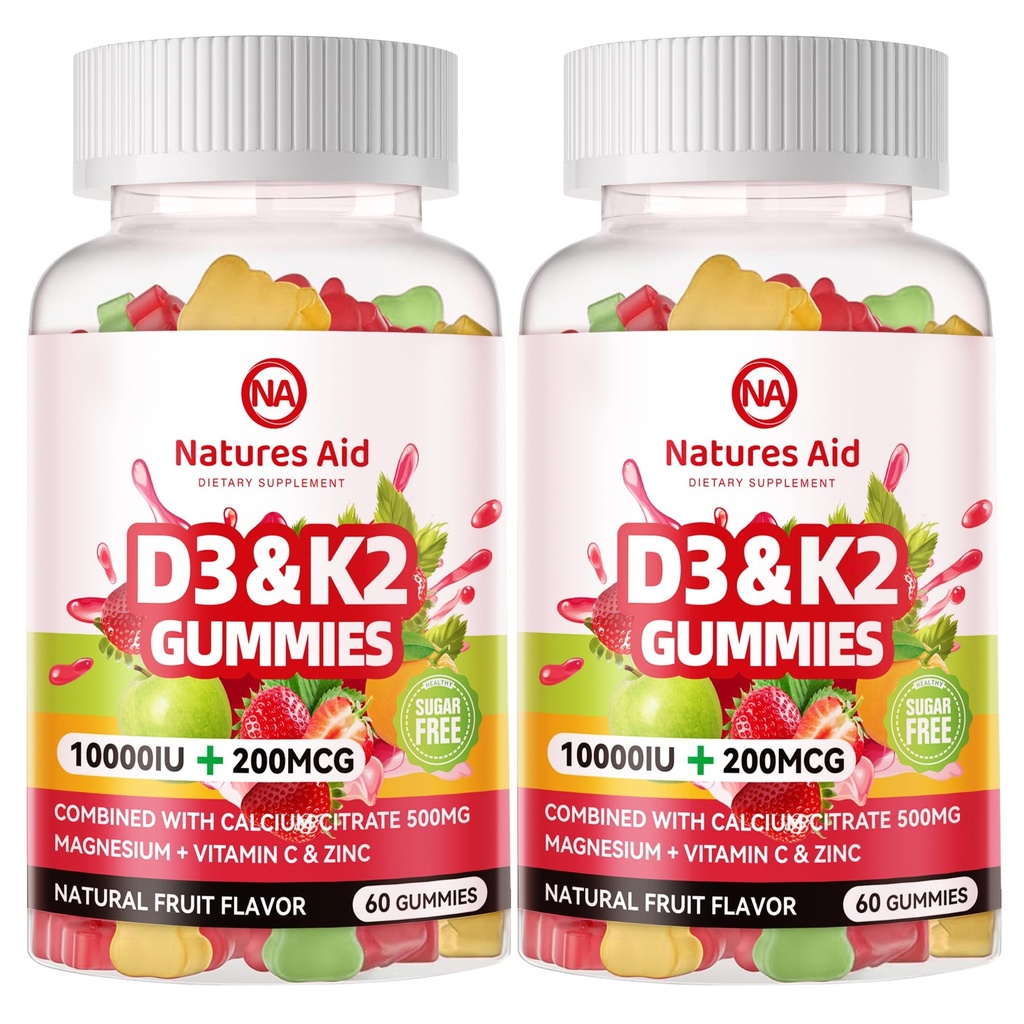 Natures Aid Sugar-free Βιταμίνη D3 K2 Gummies με Ασβέστιο + K2 (MK-7), Μαγνήσιο Κιτρικό, Βιταμίνη C, Επιπλέον Δύναμη - Τελική Απορρόφηση για τα Οστικά Μυϊκά Δόντια Ανοσοποιητικό, Vegan - 120 Gummies