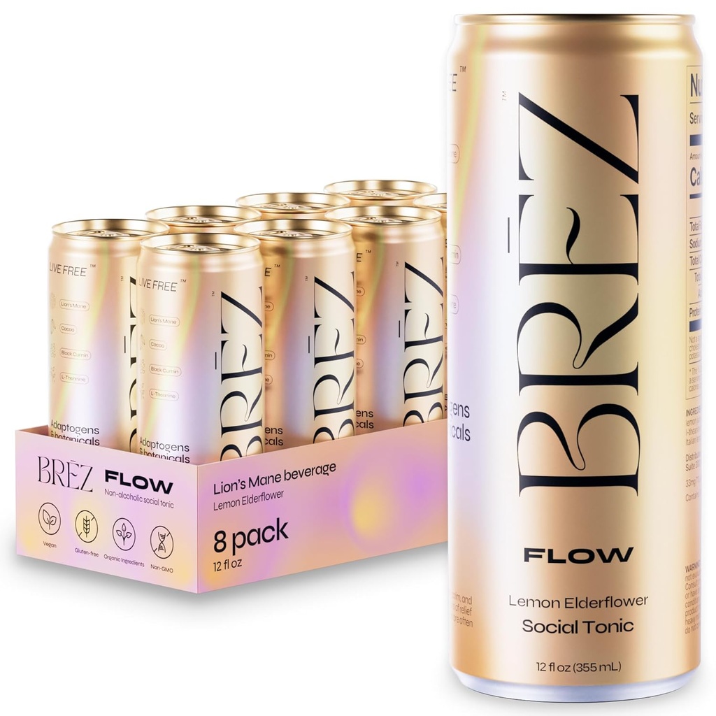 BREZ FLOW Lion’s Mane Mushroom Drink, 8-Pack, μη εγχυμένα, Adaptogens, Relieving, Uplifting, and Social, Sparkling Lemon Elderflower Tonic 12 Fl oz