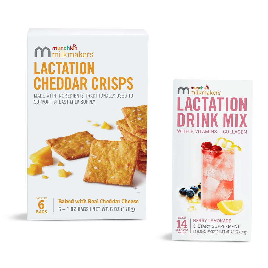Munchkin® Milkmakers® Γαλουχία Συμπλήρωμα με Β Βιταμίνη & Γαϊδουράγκαθο Γάλα, 14 Count and Γαλουχία Cheddar Crisps for Maastry Moms with Oats and Flax, 6 Count
