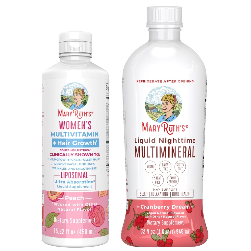 MaryRuth's Women's Multivitamin + Hair Growth Liposomal (Peach) & Liquid Nighttime Multimineral (Cranberry) 