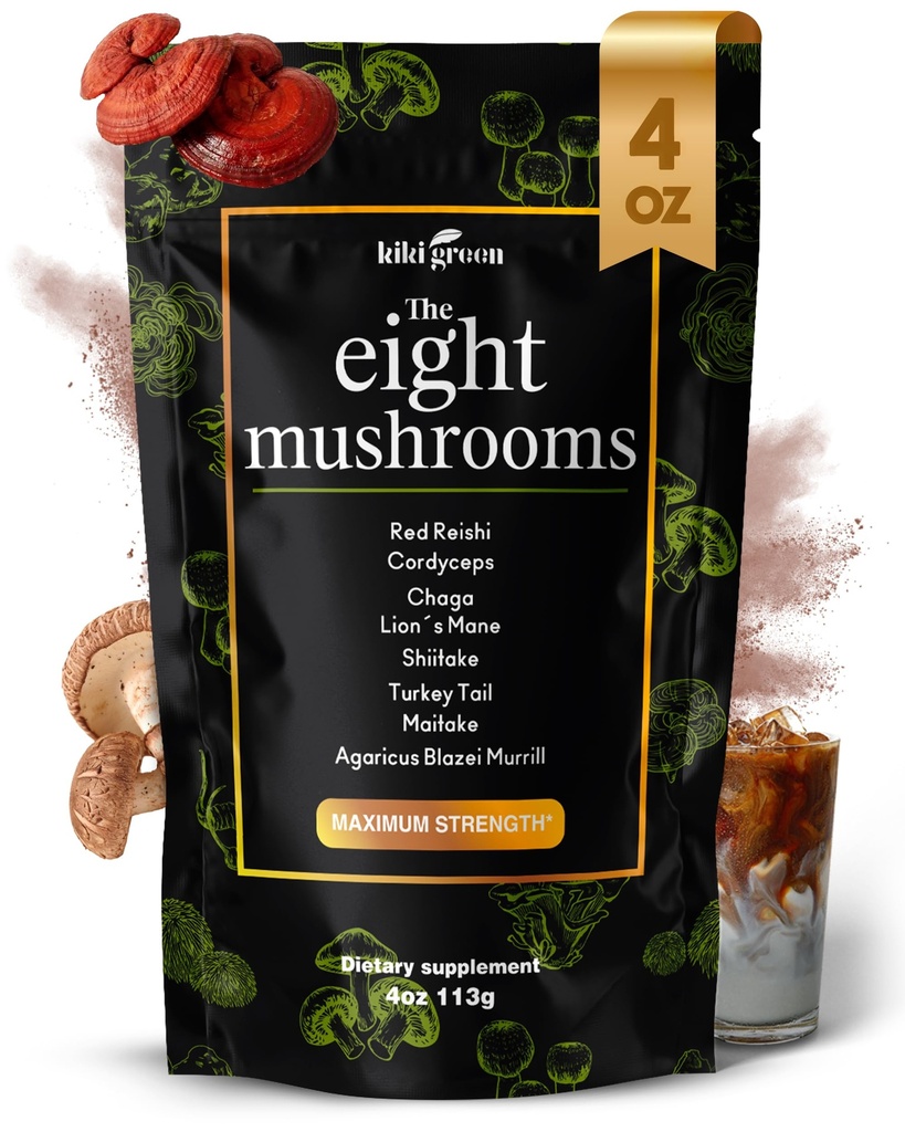KIKI Green 8 Mushrooms Powder Extract - 4 oz Adaptogenic Complex for Coffee and Smoothies - Lion's Mane, Chaga, Reishi, Cordyceps, Maitake, Shiitake - Focus and Energy