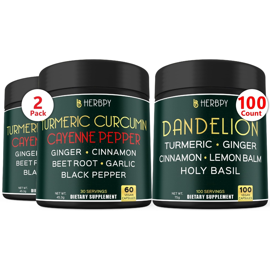 Herbpy Bundle 6in1 Dandelion Root Supplement 750mg/serving (100 Count 100 Servings) & 7in1 Turmeric Root 1510mg/serving (2pack60 for 60 Servings)