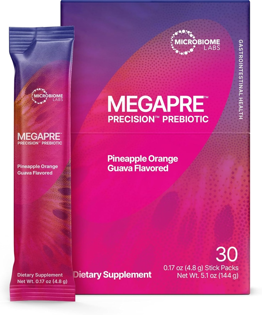 Microbiome Labs MegaPre Prebiotic Fiber Powder for Women, Men & Kids - Pre-Dosed Prebiotic Fiber Supplement Powder with Clinically Tested Oligoσακχαρίτες - Ανανάς Orange Guava (30 πακέτα ποτών)