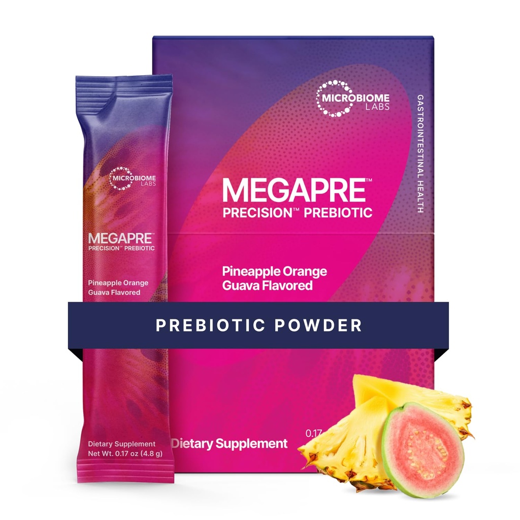 Microbiome Labs MegaPre Prebiotic Fiber Powder for Women, Men & Kids - Pre-Dosed Prebiotic Fiber Supplement Powder with Clinically Tested Oligoσακχαρίτες - Ανανάς Orange Guava (30 πακέτα ποτών)