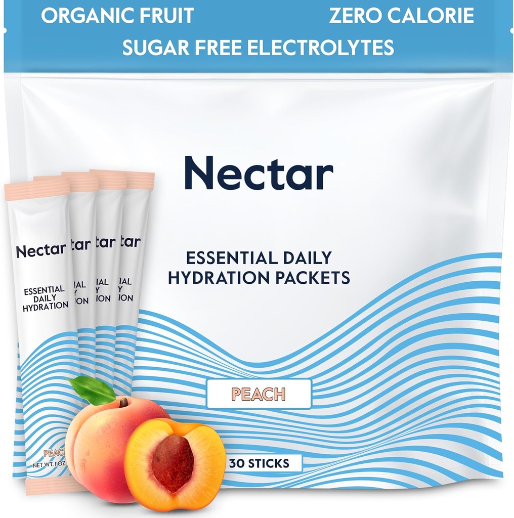 Nectar Hydration Packets - Electrolytes Powder Packets - Sugar Free & 0 Calorie - Organic Fruit Liquid Daily IV Electrolytes Powder for Dehydration Relief & Rapid Rehydration (Peach 30 Pack)