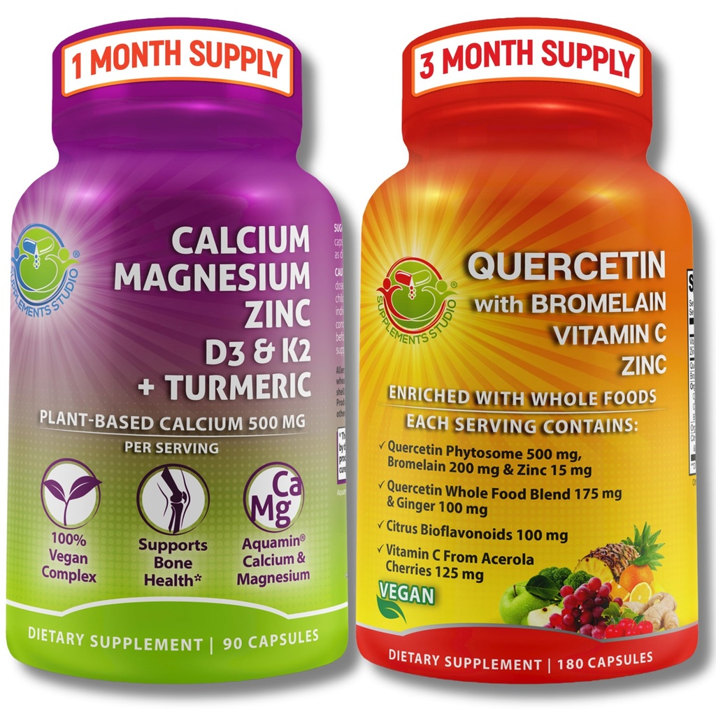ΣΥΜΠΛΗΡΩΜΑΤΑ STUDIO Quercetin με Bromelain, Βιταμίνη C & Ψευδάργυρος + Φυτικό Ασβέστιο, Μαγνήσιο, D3, K2 & Κουρκουμάς – 100% Vegan Συμπλήρωμα Bundle για την υποστήριξη του ανοσοποιητικού και των οστών