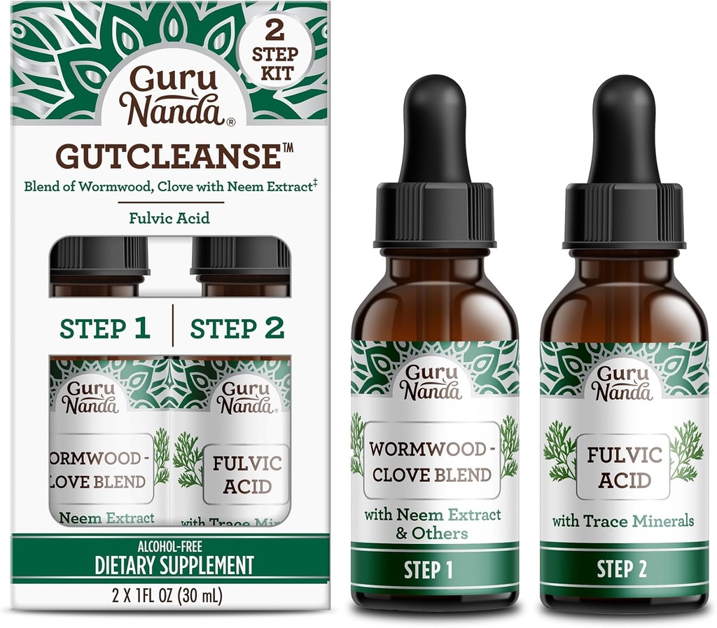 GuruNanda Gutcleanse 2-Step Kit - Συμπλήρωμα διατροφής για να βοηθήσει με την πέψη - Blend Fulvic Acid, Wormwood, Clove & Neem Extract, 2x1 FLOz