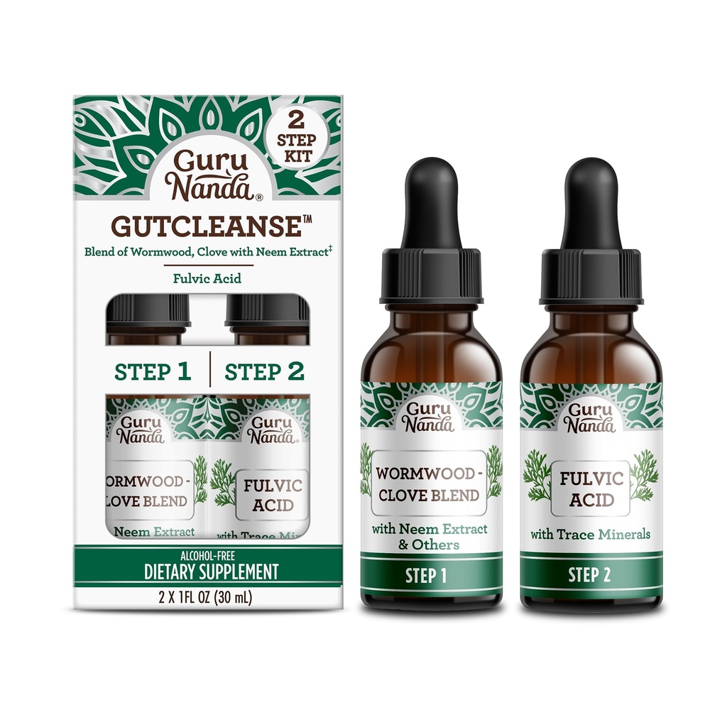 GuruNanda Gutcleanse 2-Step Kit - Dietary Supplement to Help with Digestion - Blend of Fulvic Acid, Wormwood, Clove & Neem Extract, 2x1 FlOz