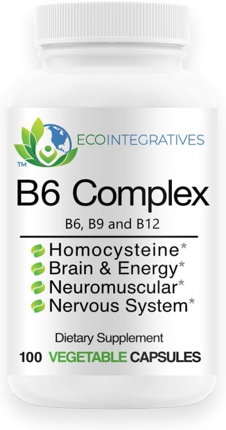 B6 Complex Vegan Vitamin B6, B9 Folate, B12 Methylcobalamin Supports Cardiovascular, Neuromuscular, Nervous System, Homocysteine, Energy, Blood Cell & Bone Health 100 Caps