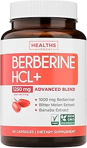 Συμπληρώματα Βερβερίνης (Non-GMO & Vegetarian) Berberine HCL Plus Bitter Melon & Banaba Leaf Extract Caps - Berberine 500mg Κάθε, 1000mg ανά σερβίρεται - AMPK Μεταβολικός ενεργοποιητής - 60 Caps (No Pills)
