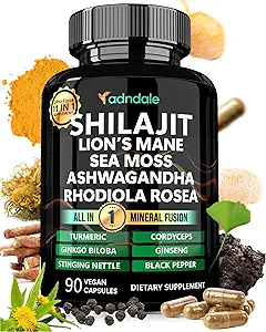 Συμπλήρωμα Adndale Shilajit. Καθαρό Βιολογικό Shilajit Ιμαλαΐων για άνδρες και γυναίκες Κάψουλες με Sea Moss Ashwagandha Rhodiola Rosea Lion's Mane. 90 Κόμη