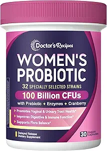 Doctor's Recipes Probiotics for Women, 100 Billion CFU 32 Strains, with Prebiotic Fiber, Enzymes & Cranberry, Vaginal Urinary Digestive & Immune, No Yeast, Rafion Stable, Delayed Release, 30 Caps