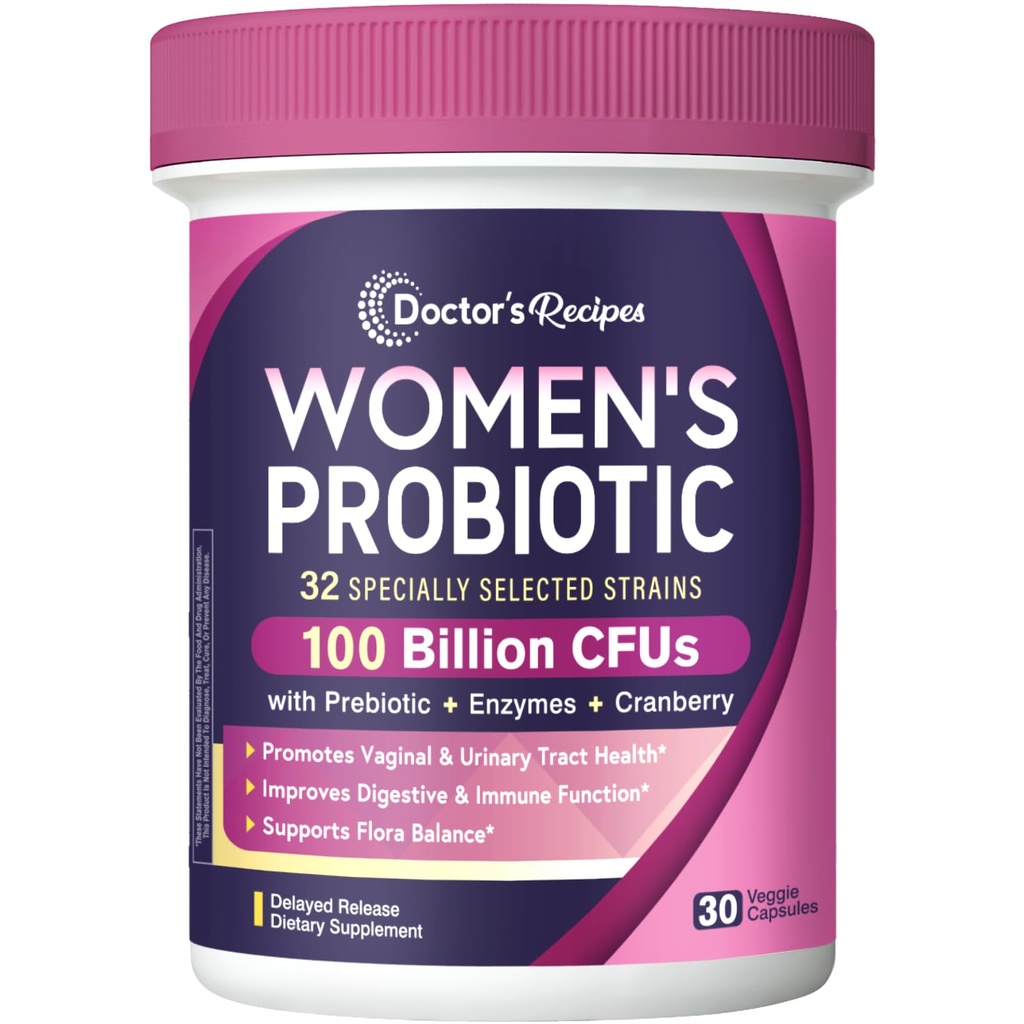 Doctor's Recipes Probiotics for Women, 100 Billion CFU 32 Strains, with Prebiotic Fiber, Enzymes & Cranberry, Vaginal Urinary Digestive & Immune, No Yeast, Rafion Stable, Delayed Release, 30 Caps