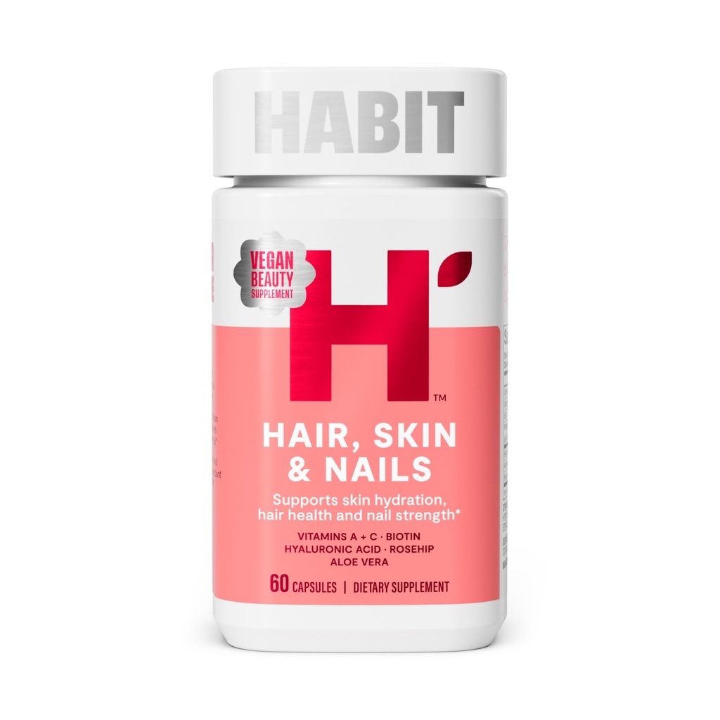 Hair, Skin & Nails Supplement (60 κάψουλες) - Νέα εμφάνιση, υποστηρίζει την ενυδάτωση του δέρματος, Hair & Nail Strength, Biotin 2000mcg, Βιταμίνη Α & C, Υαλουρονικό οξύ, Rosehip, Vegan, Non-GMO (1 Pack)