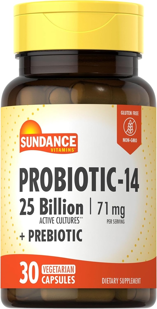 Sundance Probiotic-14 | 25 Billion Cultures | 30 Capsules | with Prebiotics | Vegetarian, Non-GMO, and Gluten Free Supplement