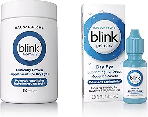 Blink GelTears Οφθαλμικές σταγόνες για ξηρά μάτια, Gel Λιπαντικές σταγόνες ματιών, Ενυδατική & Extra Long-Lasting Ενυδατική φροντίδα ματιών + Blink NutriTears Clinically Αποδεδειγμένο συμπλήρωμα για ξηρά μάτια, 50 Softgels