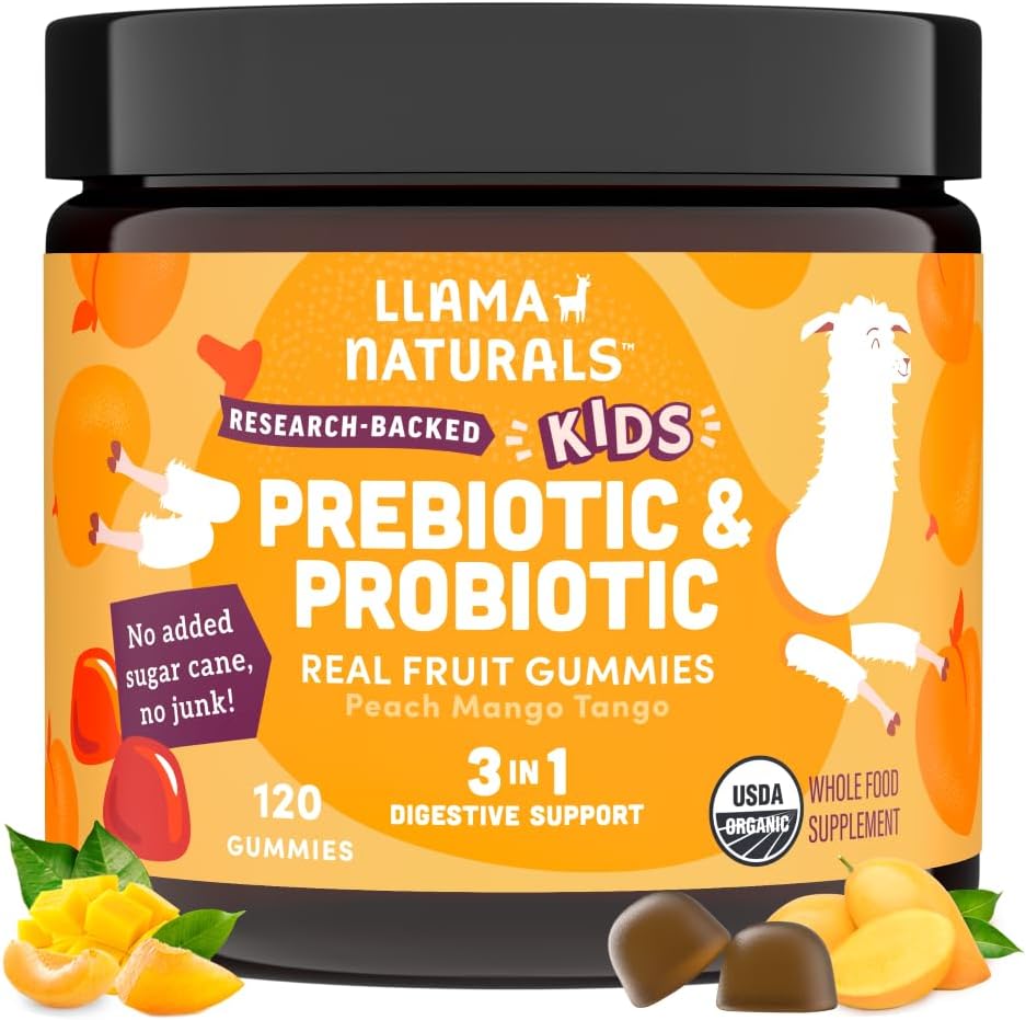 Llama Naturals Παιδικά προβιοτικά με προβιοτικές ίνες, Vegan, οργανικά προβιοτικά και προβιοτικά Gummies για την υποστήριξη της υγείας των ούλων, Toddler Real Fruit Gummy Βιταμίνες, Δεν Προστέθηκε ζάχαρη ζαχαροκάλαμο, Ροδάκινο Mango, 120 Ct
