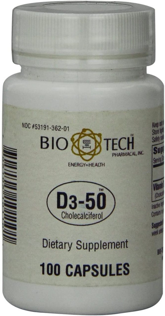 Bio-Tech Pharmacal D3-50 50.000 IU, 100 κάψουλες — Όλα-φυσικά συμπληρώματα — Υποστηρίζει τα οστά, καρδιά νευρομυϊκή, & ανοσοποιητική υγεία — Όχι γαλακτοκομικά, ψάρια, γλουτένη, φυστίκι, κοχύλια, & σόγια
