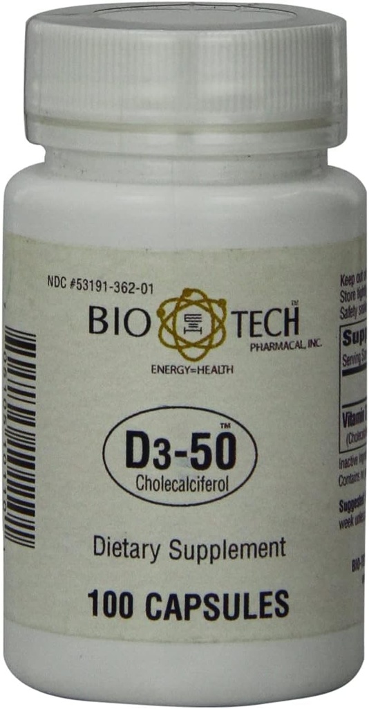 Bio-Tech Pharmacal D3-50 50.000 IU, 100 κάψουλες — Όλα-φυσικά συμπληρώματα — Υποστηρίζει τα οστά, καρδιά νευρομυϊκή, & ανοσοποιητική υγεία — Όχι γαλακτοκομικά, ψάρια, γλουτένη, φυστίκι, κοχύλια, & σόγια