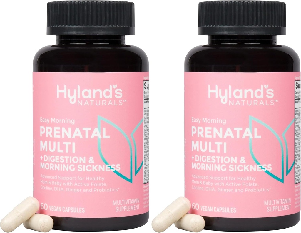 Εύκολη πρωινή προγεννητική πολυβιταμίνη Hyland και Digestive Health and Morning Sickness Relief, 60 Vegan Κάψουλες, με Folate, Choline, Zinc, Ginger Root, Prebiotics και Algae DHA (πακέτο του 2)