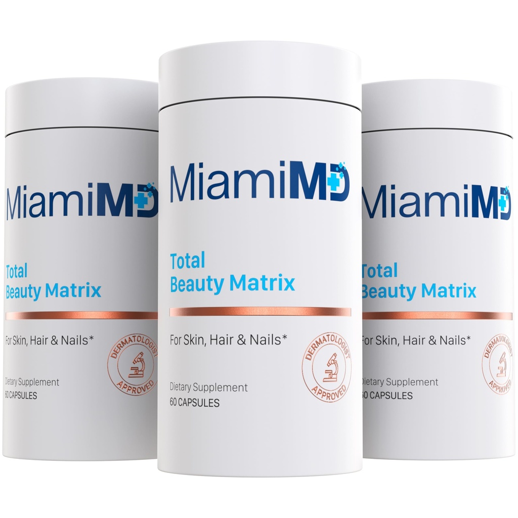 MiamiMD Total Beauty Matrix Συμπληρώματα κολλαγόνου για γυναίκες - Κάψουλες κολλαγόνου με βιταμίνη C για μαλλιά, δέρμα και νύχια - Σκληρό δωρεάν - (60 κάψουλες) - 3 Pack