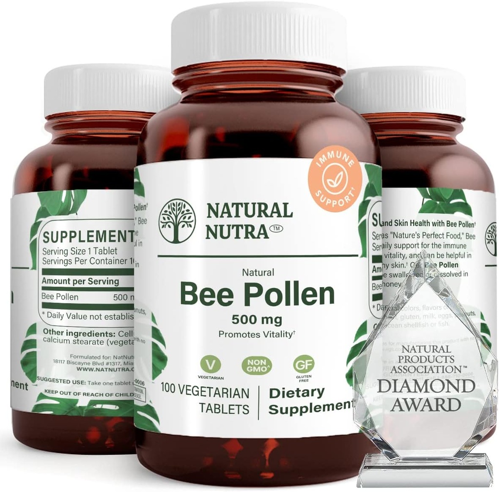 Natural Nutra Bee Pollen 500 mg, βοηθά στην προώθηση της ζωτικότητας και του ανοσοποιητικού συστήματος, βελτιώνει τη συνολική υγεία, βοηθά στη βελτίωση του σώματος Stamina, 100 δισκία