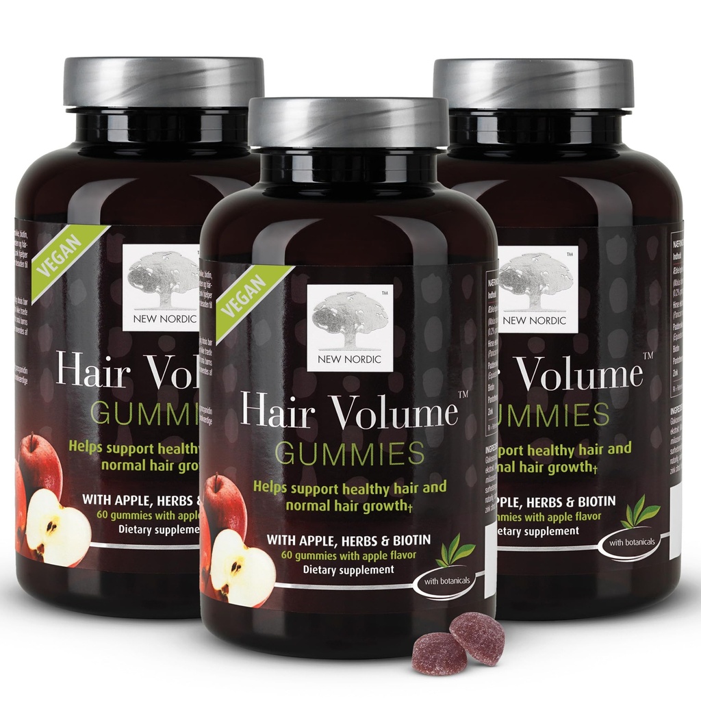 NEW NORDIC Όγκος μαλλιών Gummies, 2500 mcg Biotin, Καθημερινή Βιταμίνες μαλλιών συμπλήρωμα για την υποστήριξη του δέρματος & νυχιών, Vegan, 60 Count (Pack of 3)