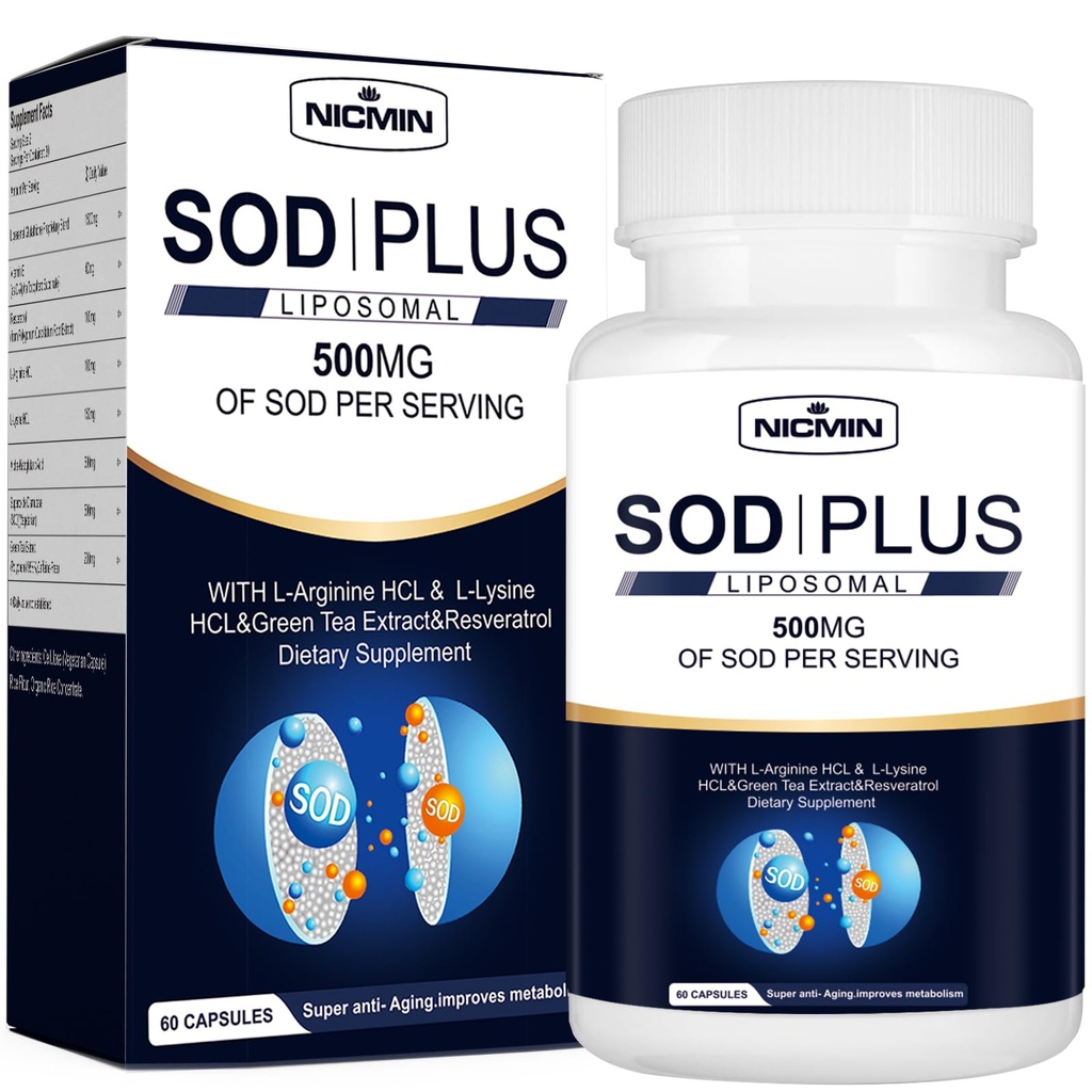 Superoxide Dismutase Συμπλήρωμα 500mg - SOD Συν με λιποσωμική γλουταθειόνη, AKG, εκχύλισμα πράσινου τσαγιού, L-αργινίνη, λυσίνη, ρεσβερατρόλη και βιταμίνη Ε για ανοσοποιητική υποστήριξη, Αντιοξειδωτικό 60 κάψουλες