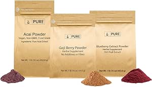PURE Αρχική ΣΥΣΤΑΤΙΚΑ Berry Powder Bundle, (1 lb έκαστο) Acai Powder, Goji Berry Powder, Blueberry Powder, φυτικά συμπληρώματα