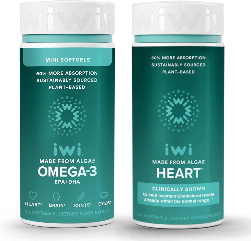 Iwi Omega-3 Minis & Heart Omega-3 Bundle, 30 εξυπηρετήσεις, Vegan Plant-based Algae Omega 3, Krill & Fish Oil Εναλλακτική, Δεν Ψάρια Επίγευση