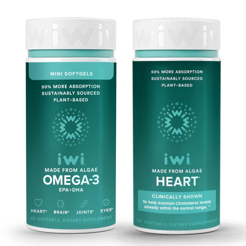 Iwi Omega-3 Minis & Heart Omega-3 Bundle, 30 εξυπηρετήσεις, Vegan Plant-based Algae Omega 3, Krill & Fish Oil Εναλλακτική, Δεν Ψάρια Επίγευση