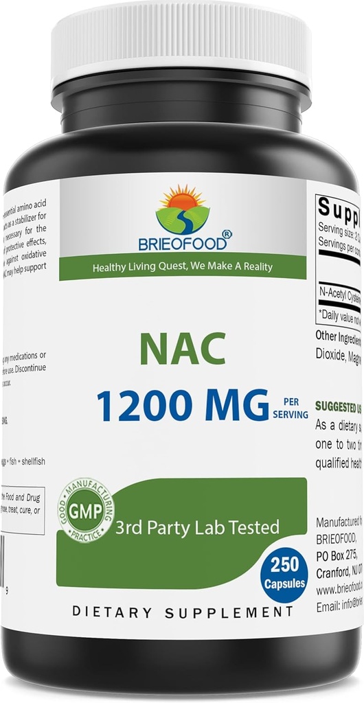 Brieofood NAC συμπλήρωμα N-Acetyl Cysteine 1200 mg ανά σερβιριζόμενο 250 κάψουλες - συμπλήρωμα υποστήριξης του ανοσοποιητικού