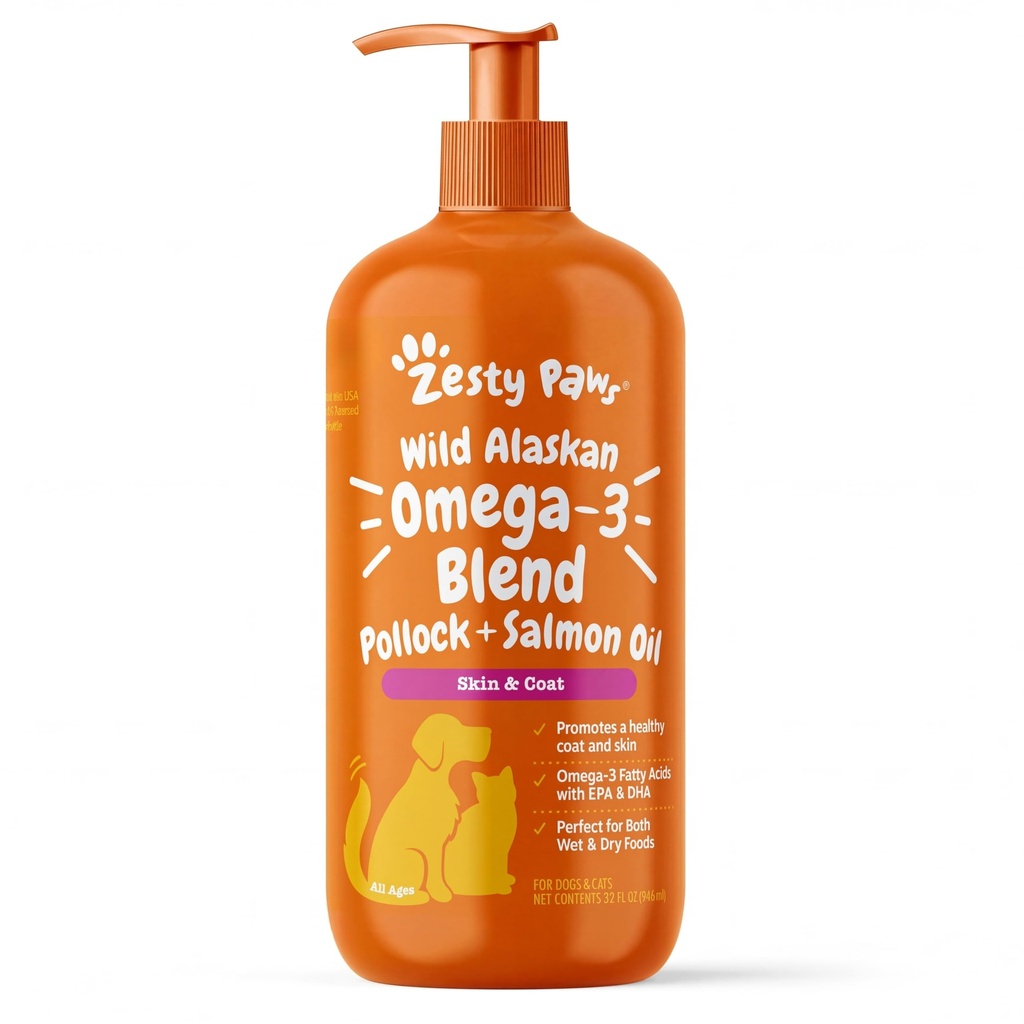 Zesty Paws Wild Alaska Omega-3 Blend Pollock + Λάδι σολομού για σκύλους και γάτες- το δέρμα και το παλτό υποστήριξη, Ωμέγα 3 συμπλήρωμα για κατοικίδια ζώα, 32oz