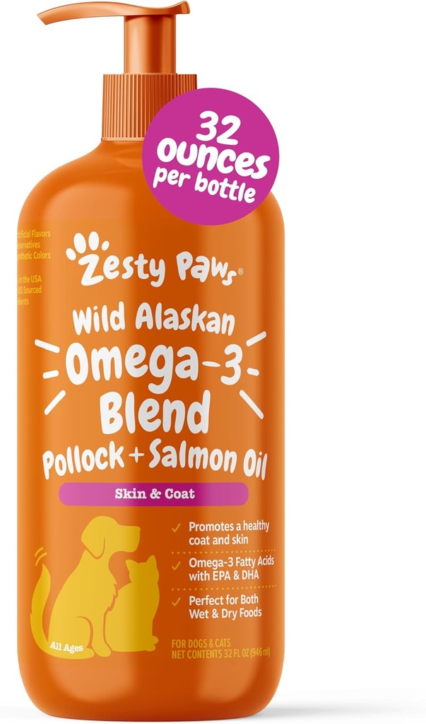 Zesty Paws Wild Alaska Omega-3 Blend Pollock + Λάδι σολομού για σκύλους και γάτες- το δέρμα και το παλτό υποστήριξη, Ωμέγα 3 συμπλήρωμα για κατοικίδια ζώα, 32oz