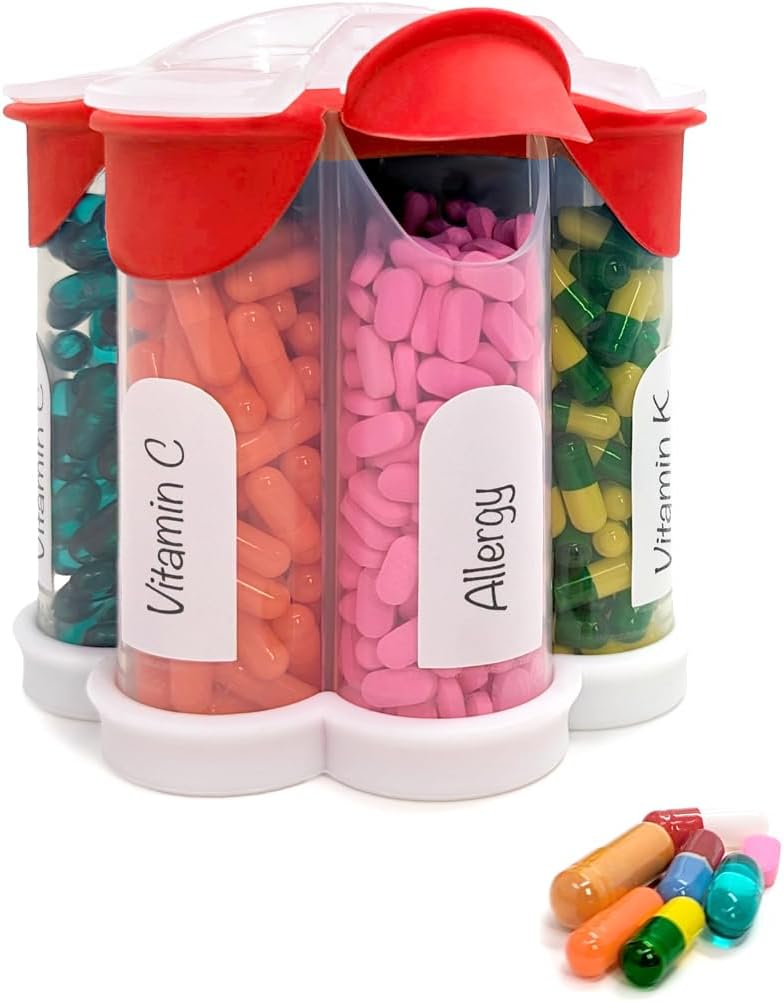 Extra Large Pill Organizer Καθημερινά, εβδομαδιαία, μηνιαία μπουκάλι συμπλήρωμα, χαριτωμένο Blossom Pill Dispenser με 7 XL διαμερίσματα, Easy-Open κουτί χάπια για βιταμίνες, φάρμακα, ετικέτες περιλαμβάνονται (κόκκινο)