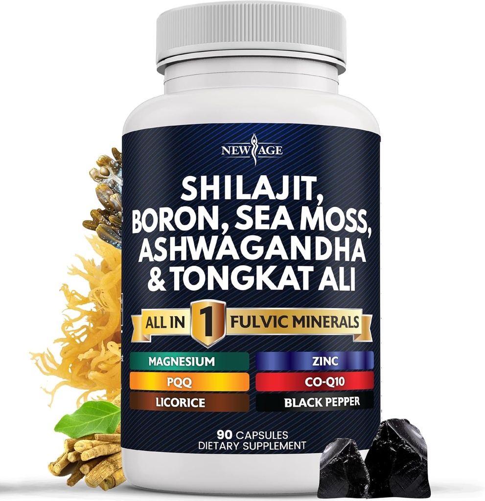 NEW AGE Shilajit Supplement with Sea Moss, Ashwagandha, Tongkat Ali, Boron, Magnesium - Fulvic Acid Capsles for Men - 90 Count