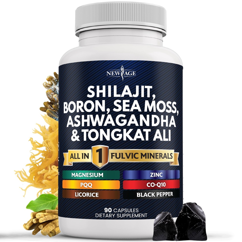 NEW AGE Shilajit Supplement with Sea Moss, Ashwagandha, Tongkat Ali, Boron, Magnesium - Fulvic Acid Capsles for Men - 90 Count