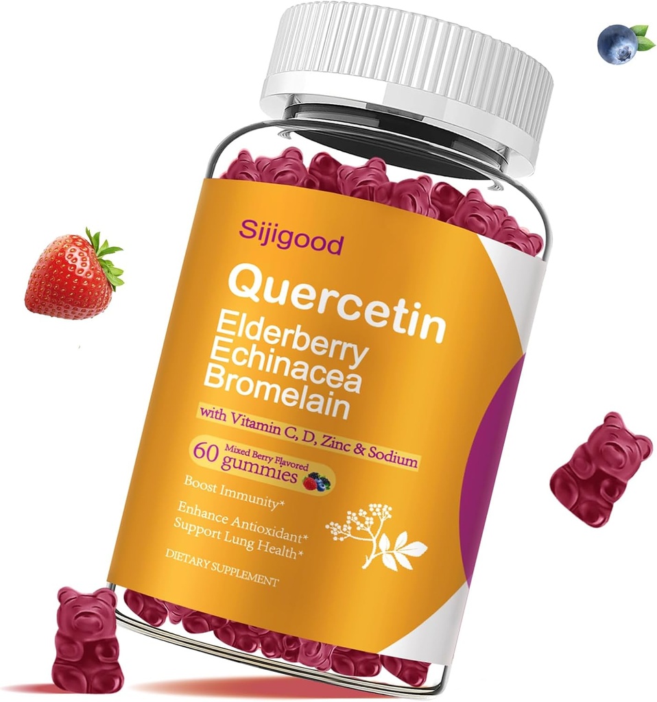 Quercetin Gummies με Bromelain, Elderberry, Echinacea, Βιταμίνη C D Ψευδάργυρος - Υποστήριξη ανοσοποιητικού συστήματος 60 Μετρήσεις Pure Quercetin Gummies για Παιδιά & Ενήλικες