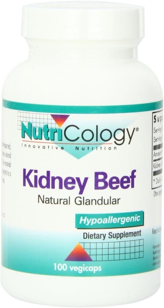 Nutricology Kidney Beef Supplement - Natural Glandular, Freeze-Dried, Βοοειδή, Lyophilized, Beef Organ, 500mg Vegetarian Capsles - 100 Count