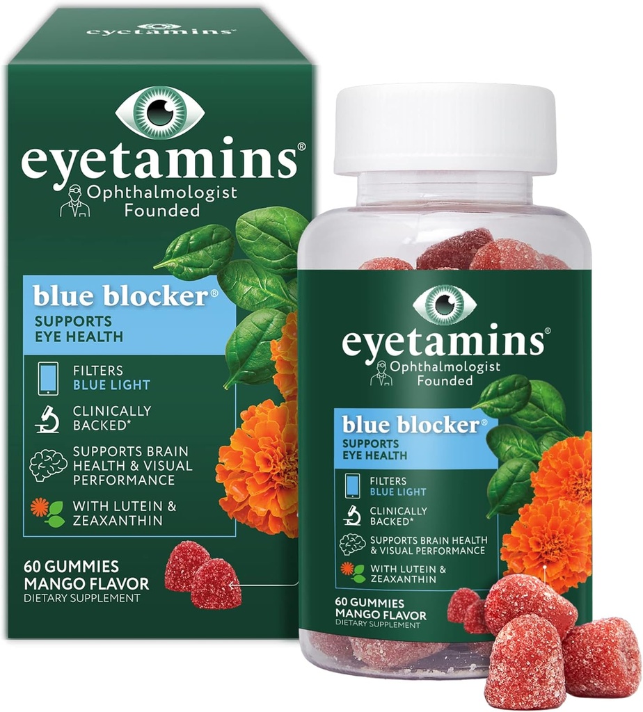 eyetamins Blue Blocker® Eye Health - 60 Lutein Gummies - Οφθαλμίατρος-Ανακαλυφθέν - Υποστήριξη Όραμα, Φίλτρο Μπλε Φως & Βοήθεια Ματιών Strain - Προάγει τον ύπνο, Focus Eyesight – Vegan & Μη-GMO Formula